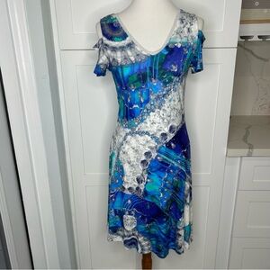 Simply Art By Dolcezza Women’s Cold Shoulder Dress Size Small Blue Abstract